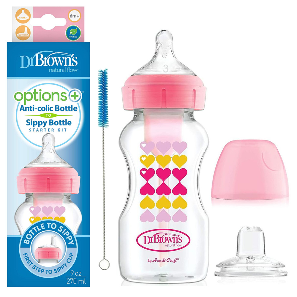 DR. BROWN'S buteliukas pereinamasis OPTIONS+ plačiu kakleliu, rožinis 270ml + silikoninis snapelis, WB91604-P3