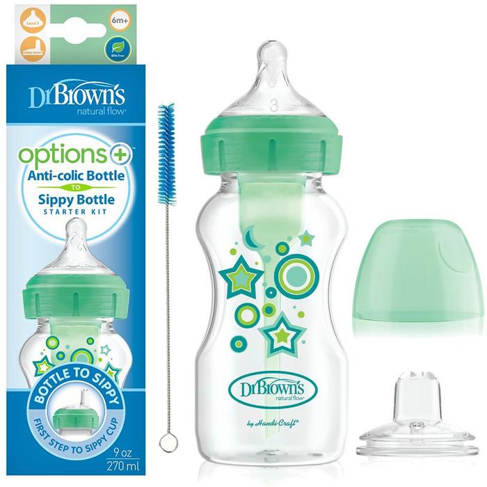 DR. BROWN'S buteliukas pereinamasis OPTIONS+ plačiu kakleliu, žalias 270ml + silikoninis snapelis, WB91606-P3
